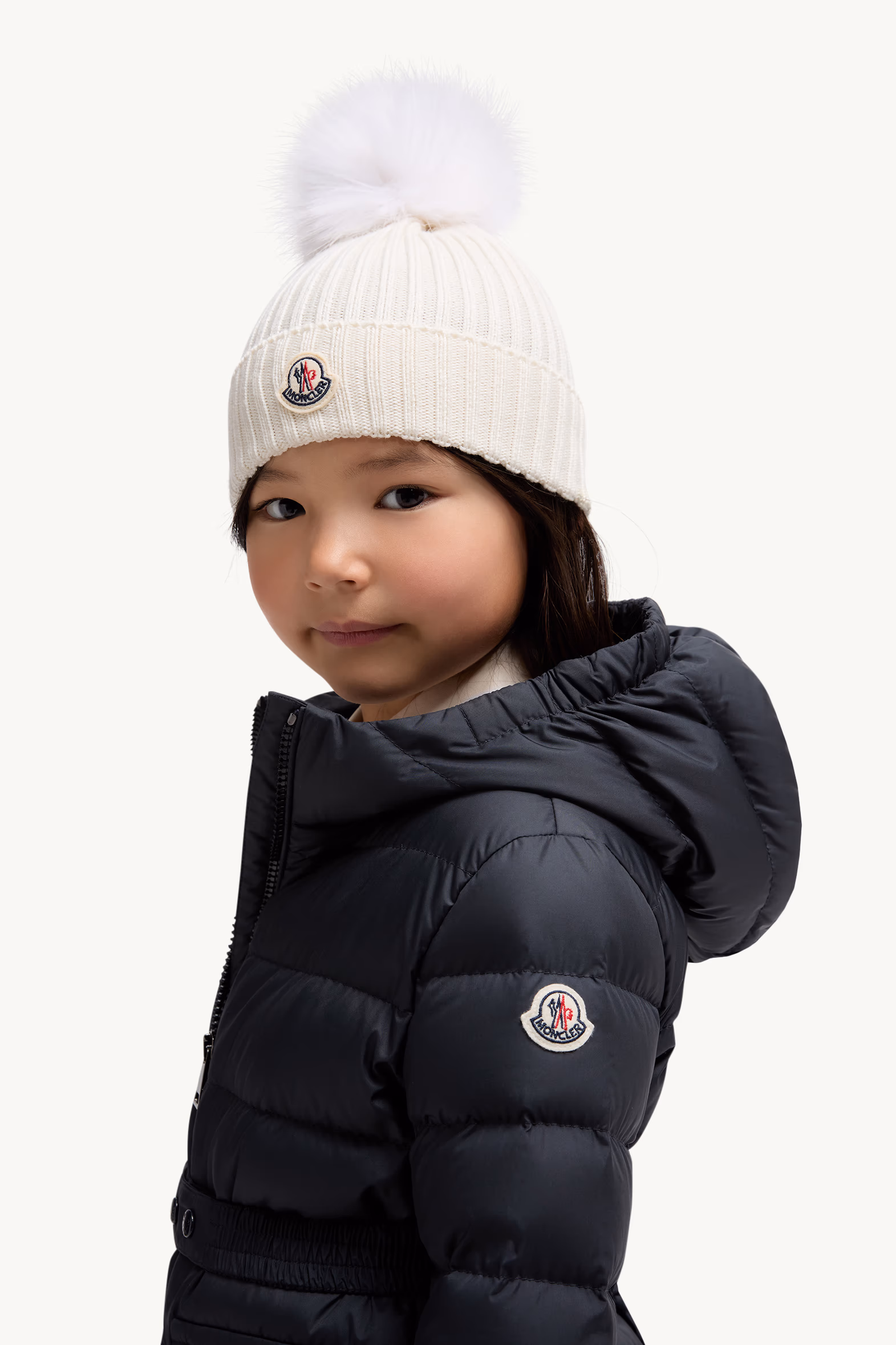 Wool Beanie with Faux Fur Pom Pom Girl White Moncler 2